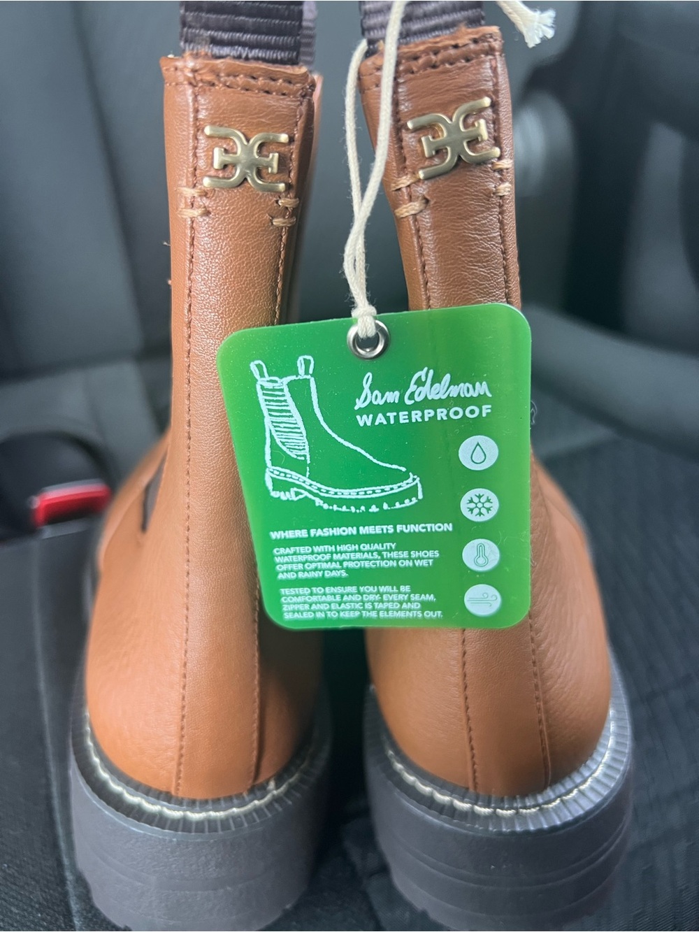 Sam Edelman women’s Chelsea Boots in Cognac Brown with Gold Logo